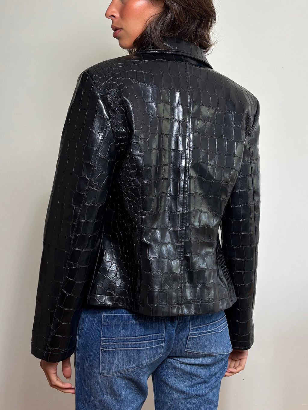 Vintage Black Croc Embossed Faux Leather Jacket (M)