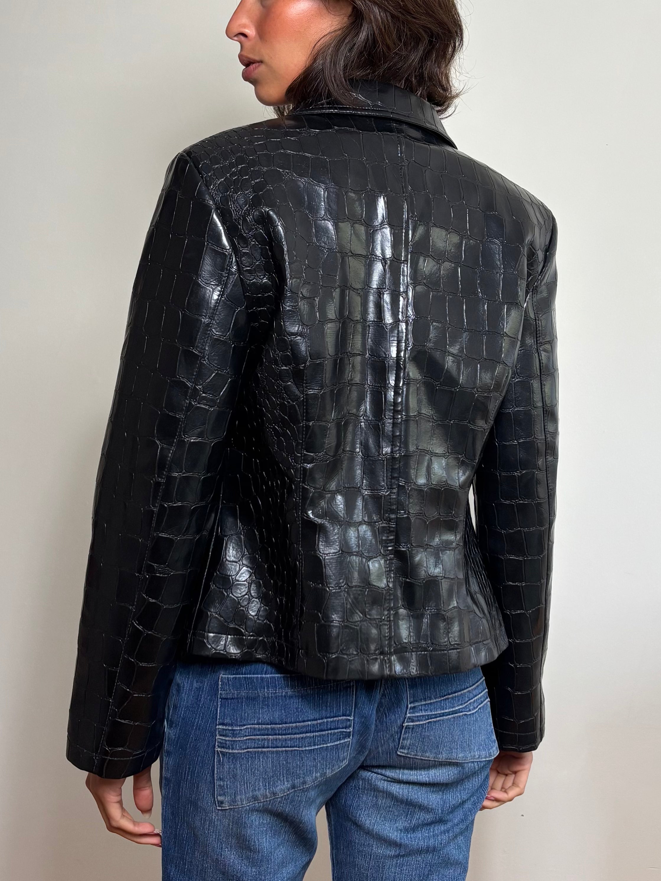Vintage Black Croc Embossed Faux Leather Jacket (M)