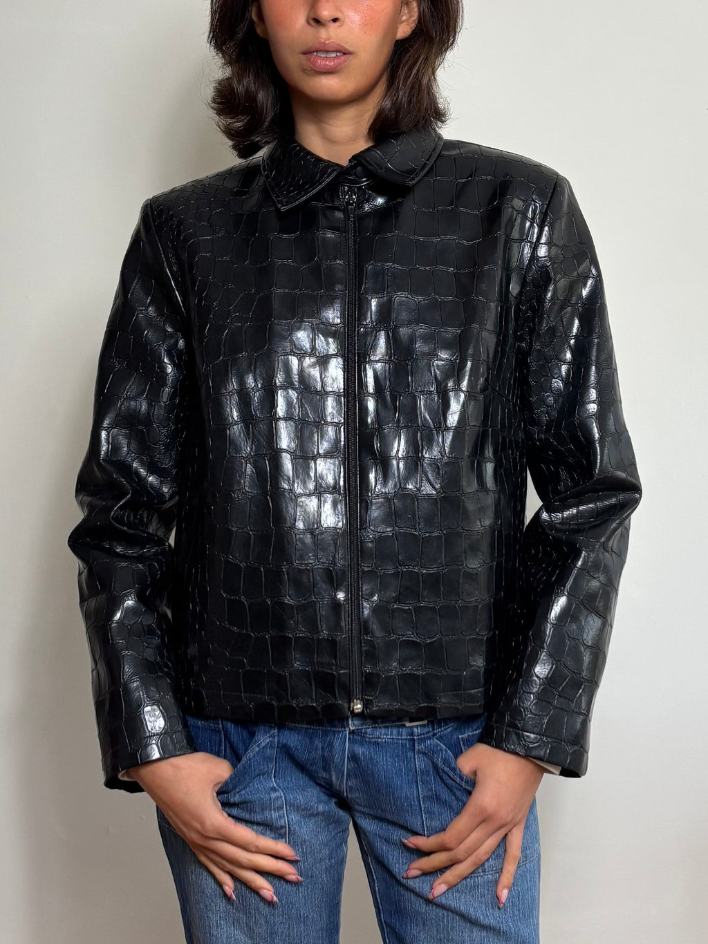 Vintage Black Croc Embossed Faux Leather Jacket (M)