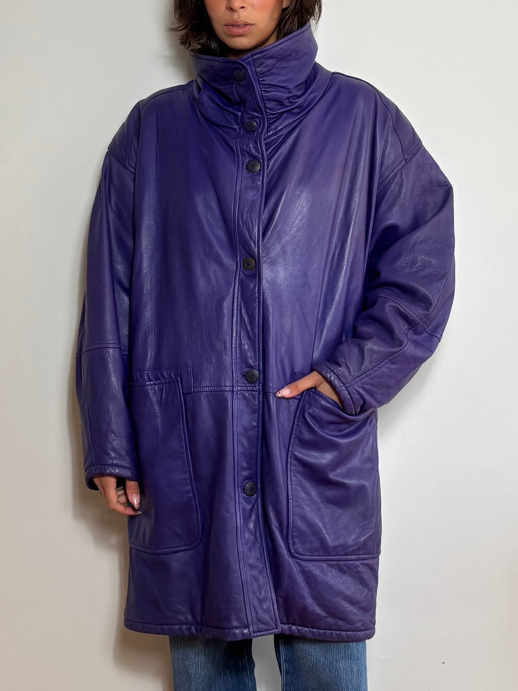 Vintage 80's Purple Leather Oversized Trench Coat (XL)