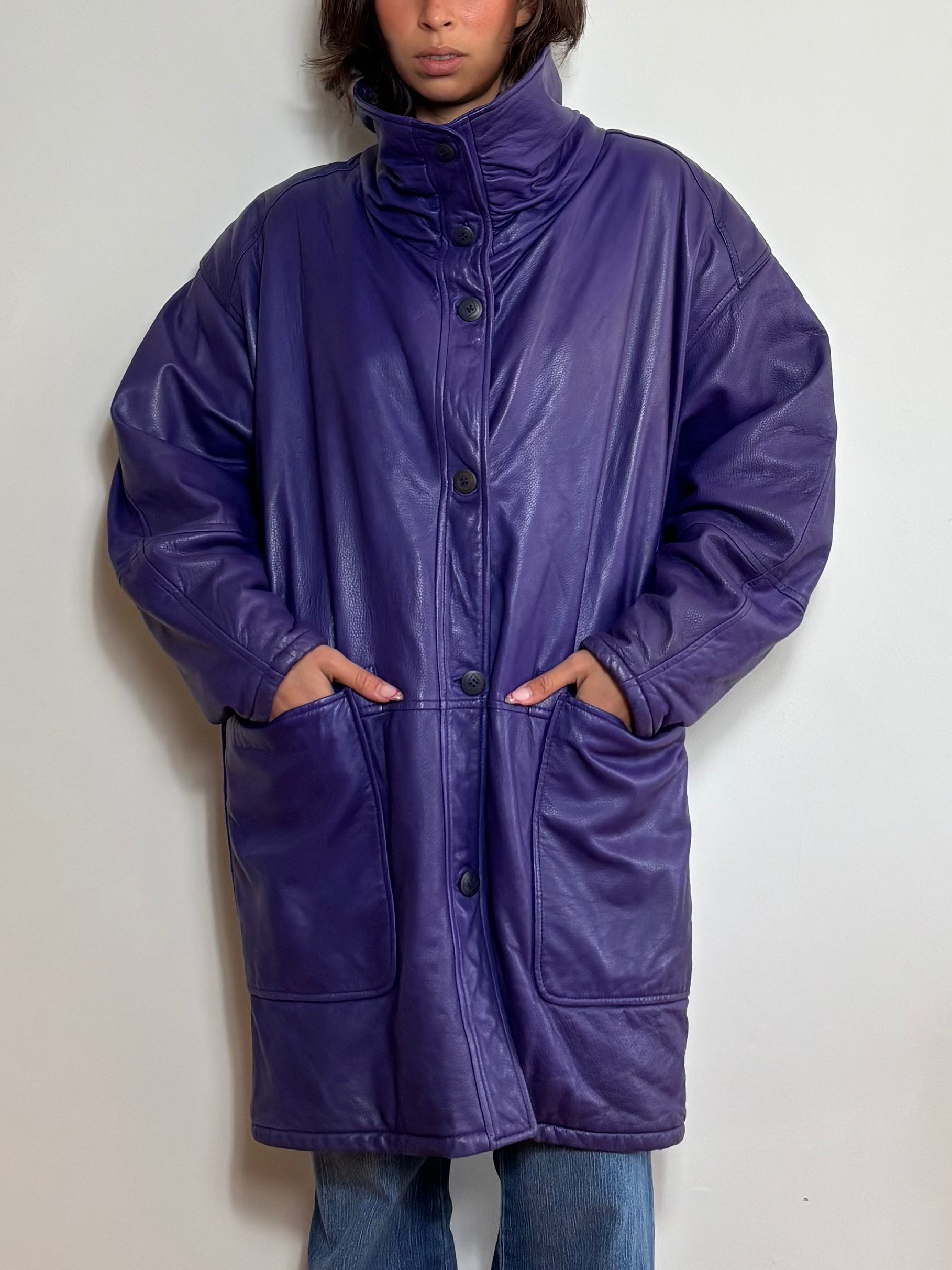Vintage 80's Purple Leather Oversized Trench Coat (XL)