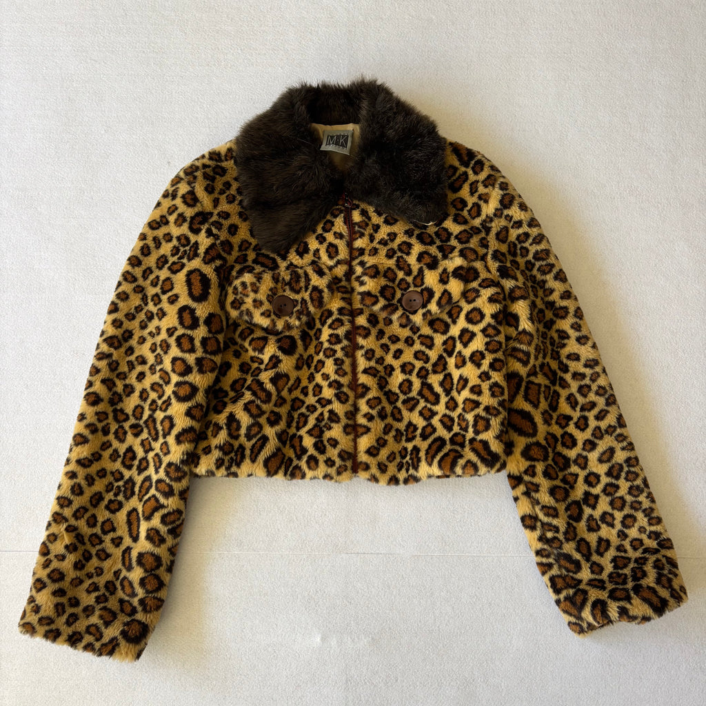 Vintage Leopard Print Faux Fur Cropped Jacket (M)