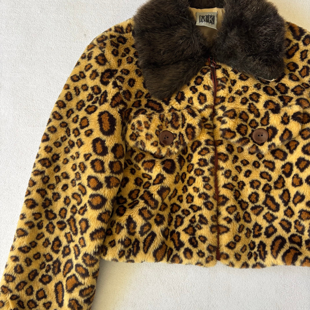 Vintage Leopard Print Faux Fur Cropped Jacket (M)