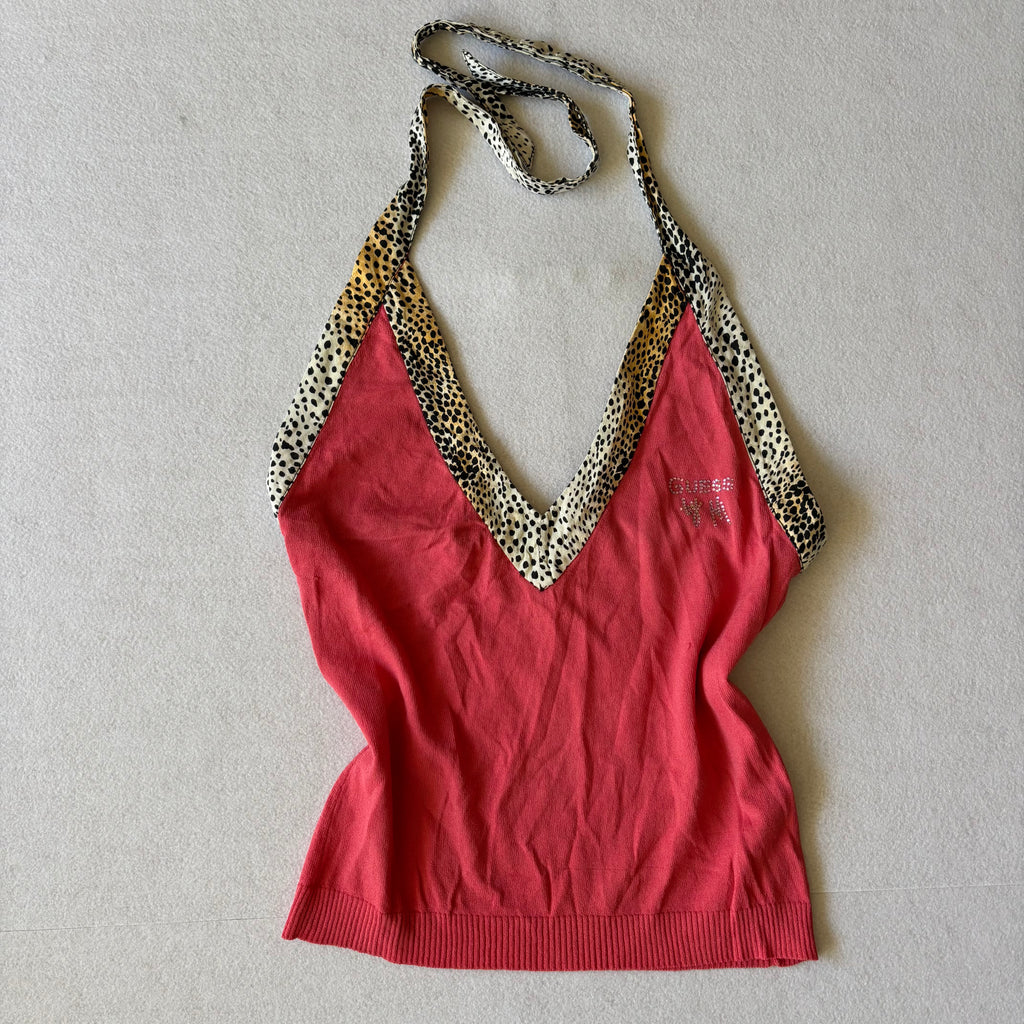 Vintage Guess Pink Leopard Trim Halter Top (S)