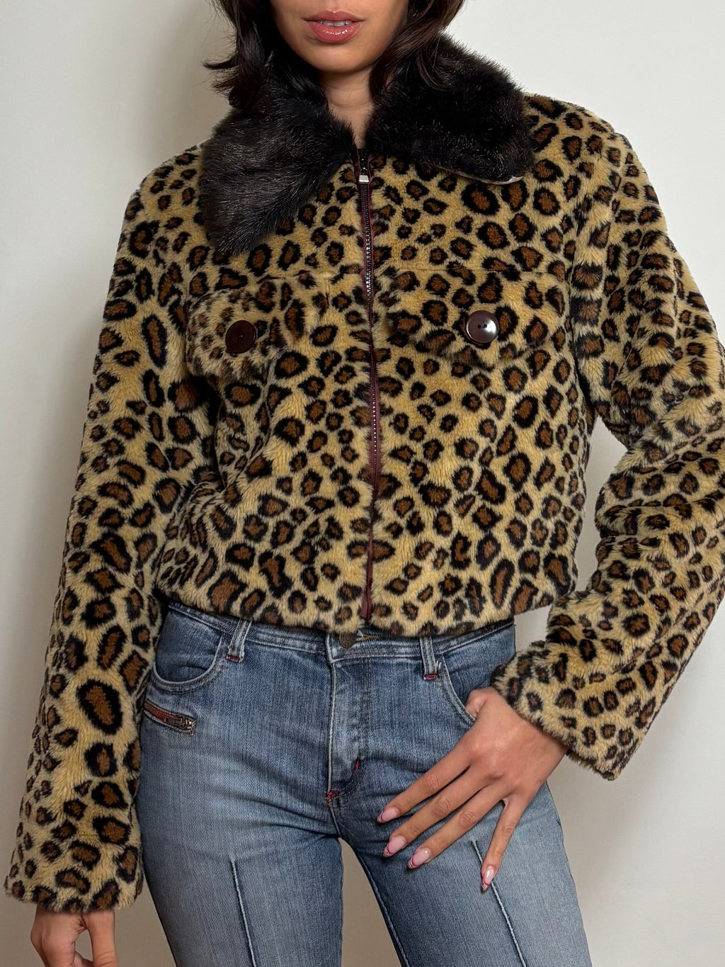 Vintage Leopard Print Faux Fur Cropped Jacket (M)