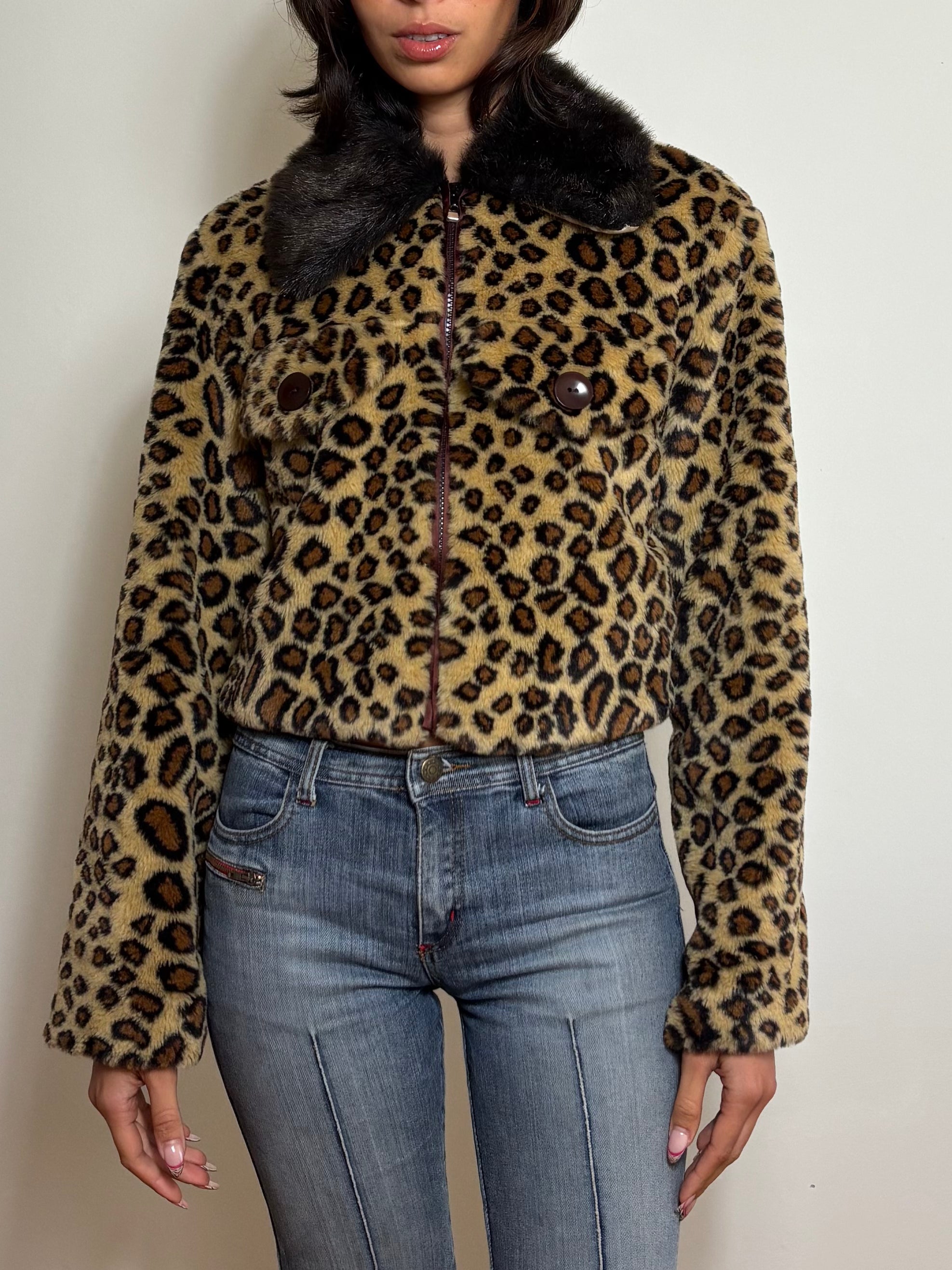 Vintage Leopard Print Faux Fur Cropped Jacket (M)