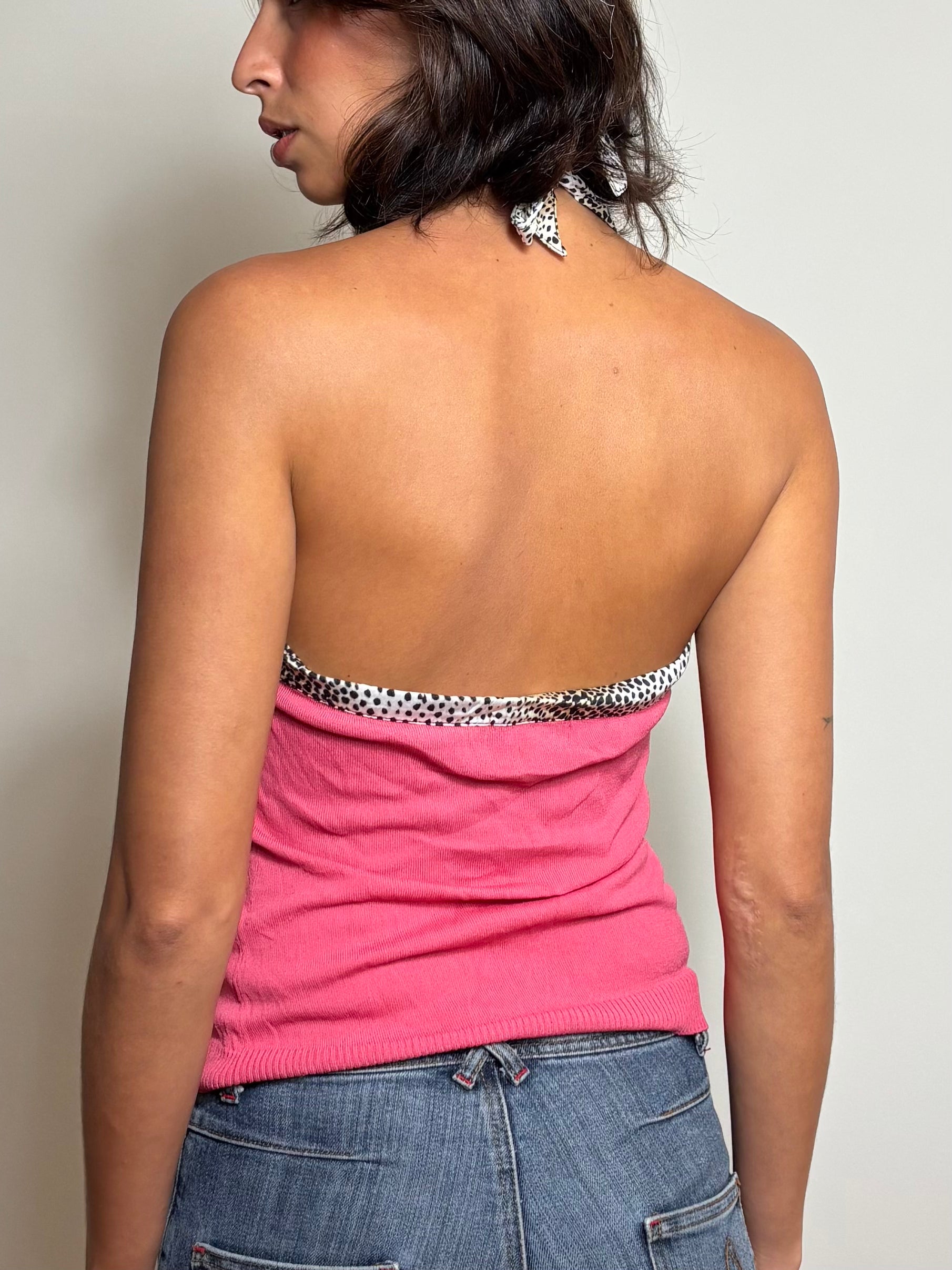 Vintage Guess Pink Leopard Trim Halter Top (S)