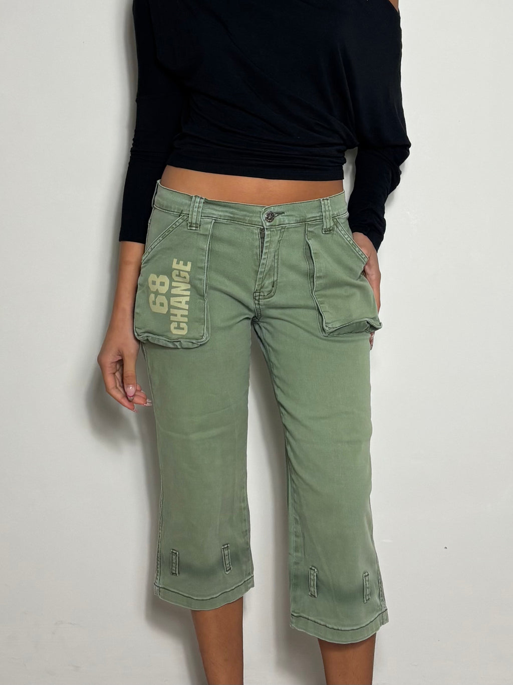 Y2K Khaki Green Cargo Capri Pants (S)