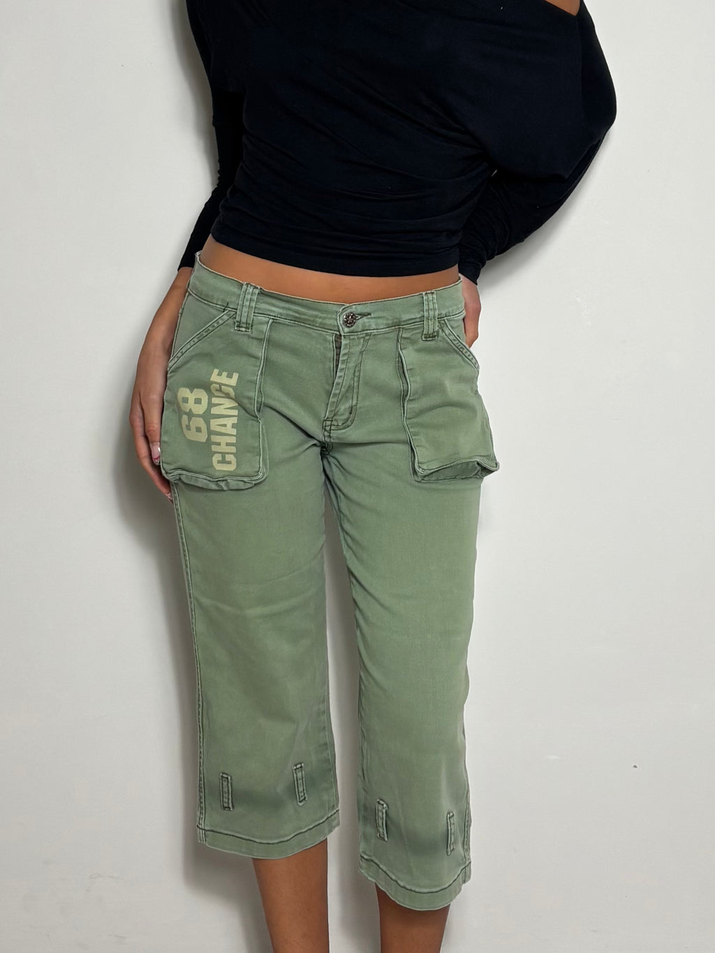 Y2K Khaki Green Cargo Capri Pants (S)