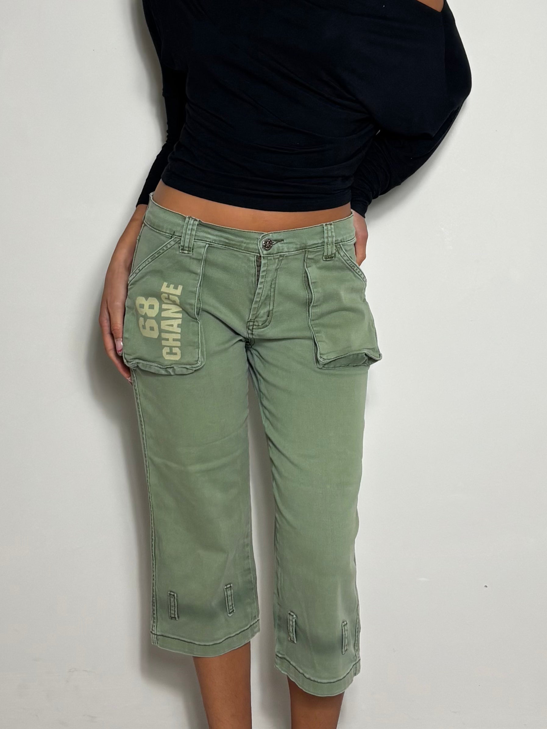 Y2K Khaki Green Cargo Capri Pants (S)