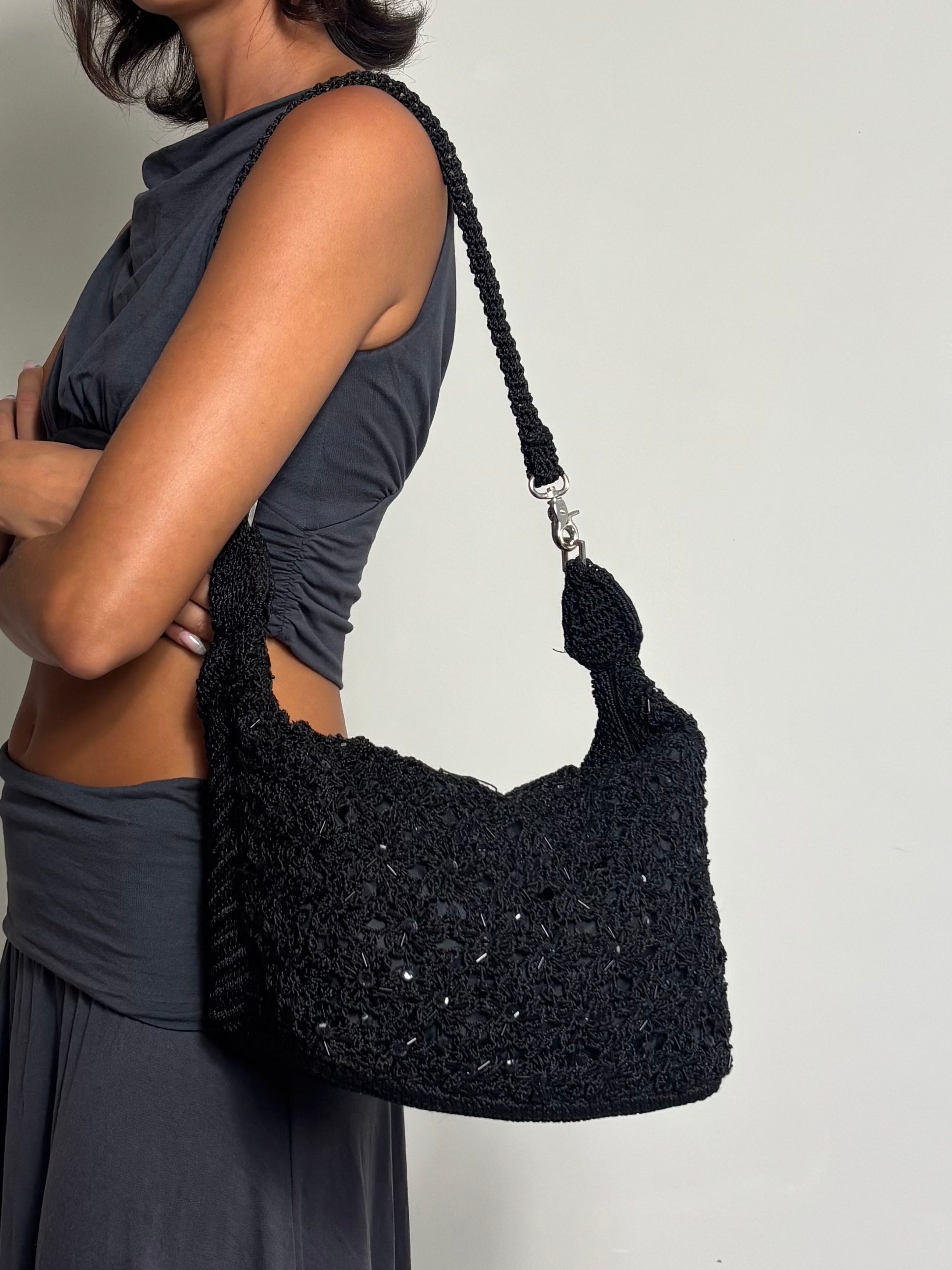 Vintage Black Knitted Beaded Bag