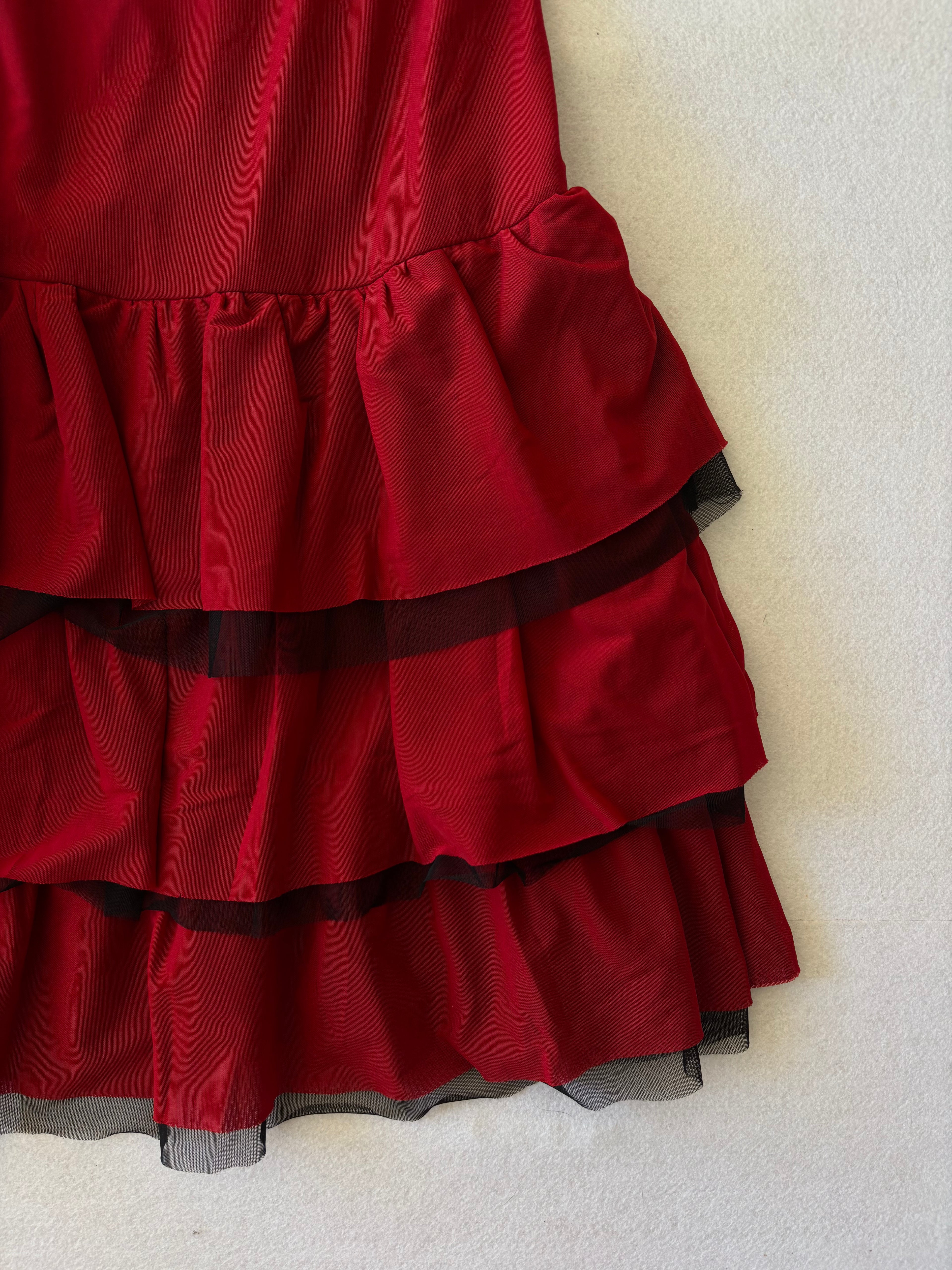 Y2K Red Tiered Ruffle Slip Dress Mesh Layered Mini Dress Coquette (S)