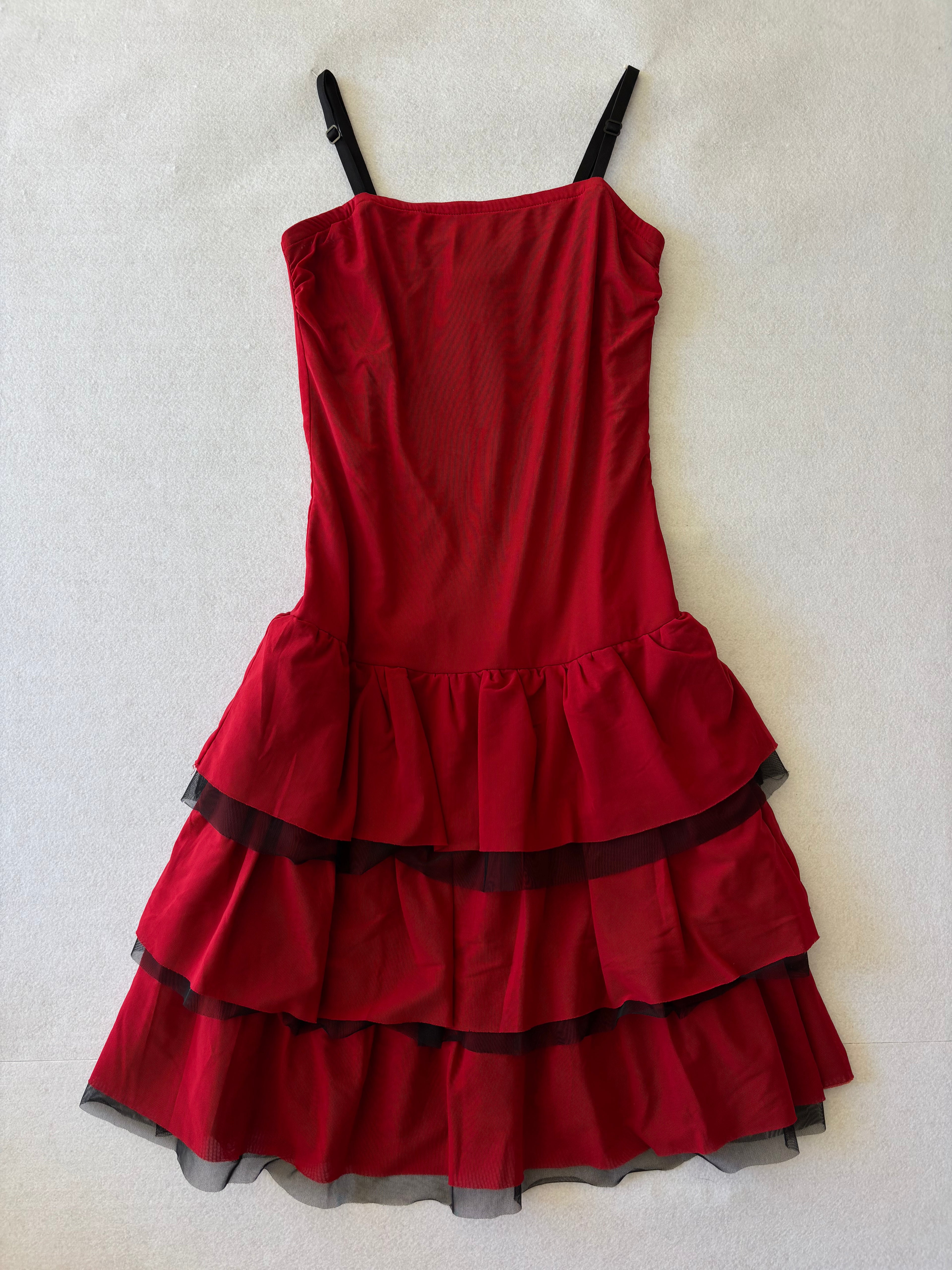 Y2K Red Tiered Ruffle Slip Dress Mesh Layered Mini Dress Coquette (S)