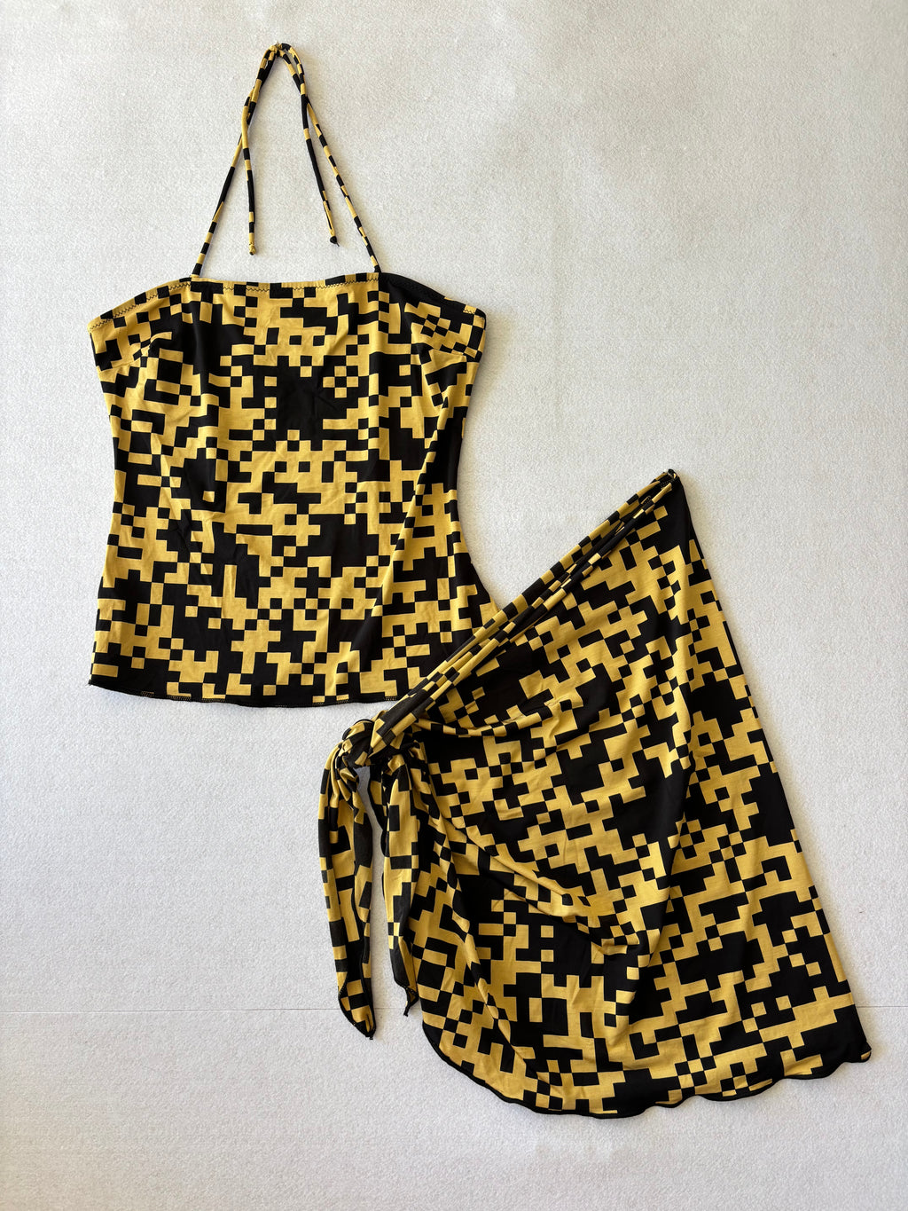 Yellow and Black Halter Top and Tie Sarong Skirt Set (XS)
