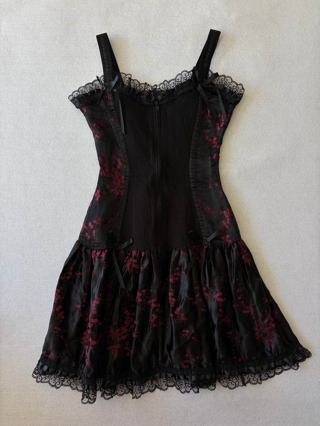 Y2K Coquette Black & Pink Floral Mini Slip Dress with Lace & Bows Corset Vibe (XS)