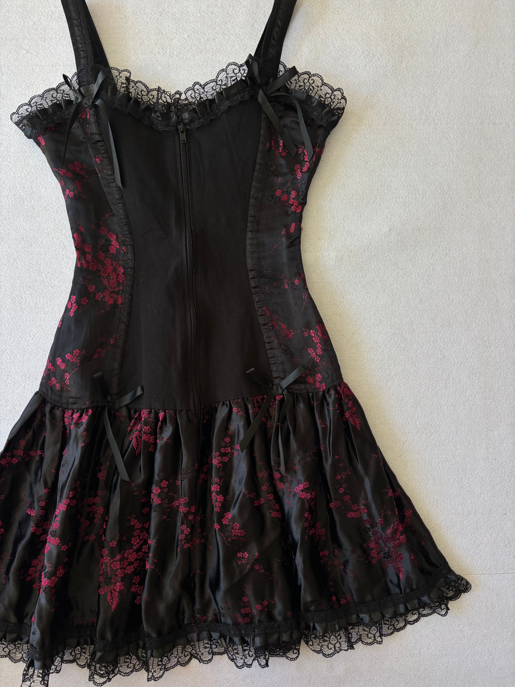 Y2K Coquette Black & Pink Floral Mini Slip Dress with Lace & Bows Corset Vibe (XS)
