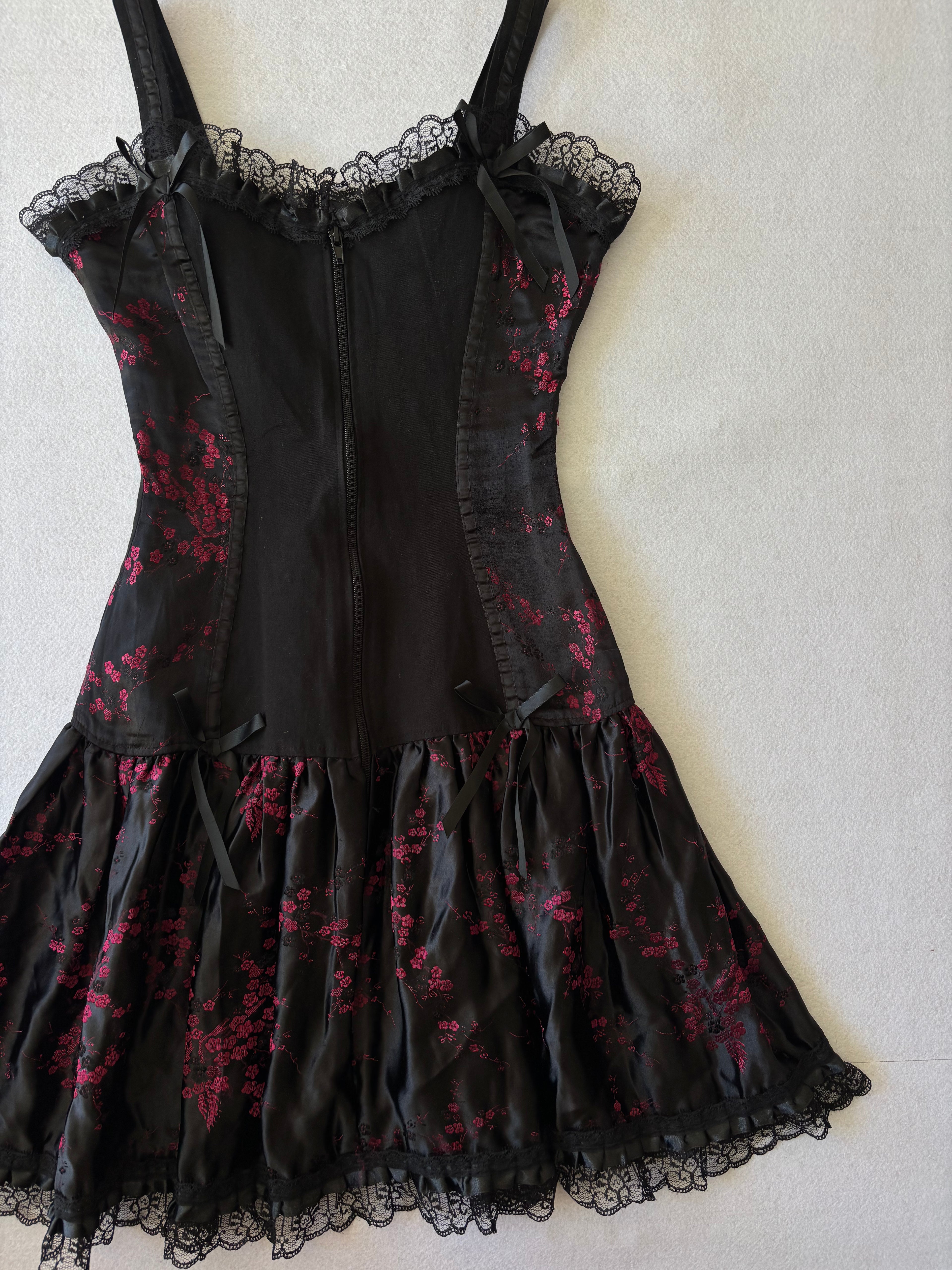 Y2K Coquette Black & Pink Floral Mini Slip Dress with Lace & Bows Corset Vibe (XS)