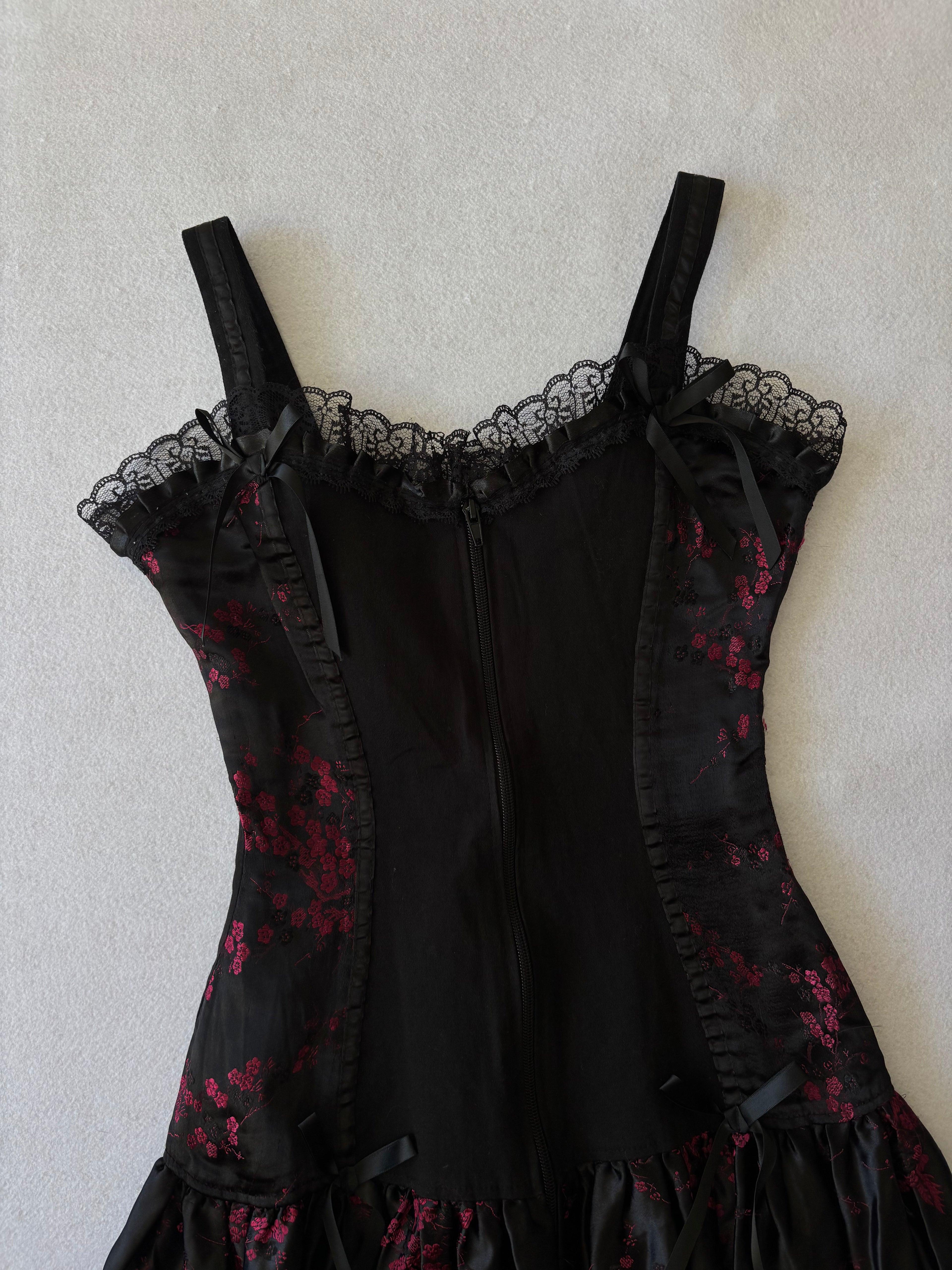 Y2K Coquette Black & Pink Floral Mini Slip Dress with Lace & Bows Corset Vibe (XS)