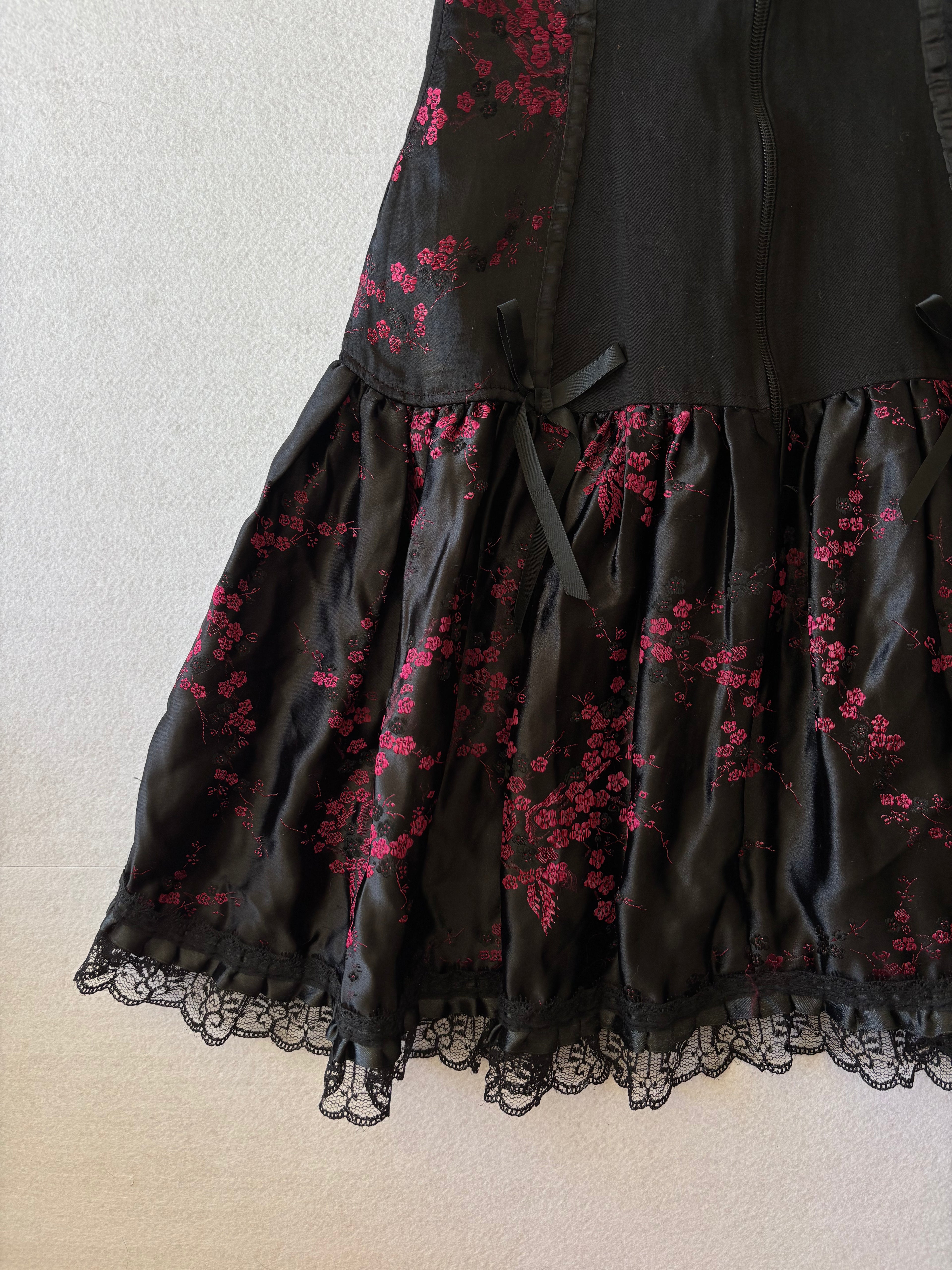 Y2K Coquette Black & Pink Floral Mini Slip Dress with Lace & Bows Corset Vibe (XS)