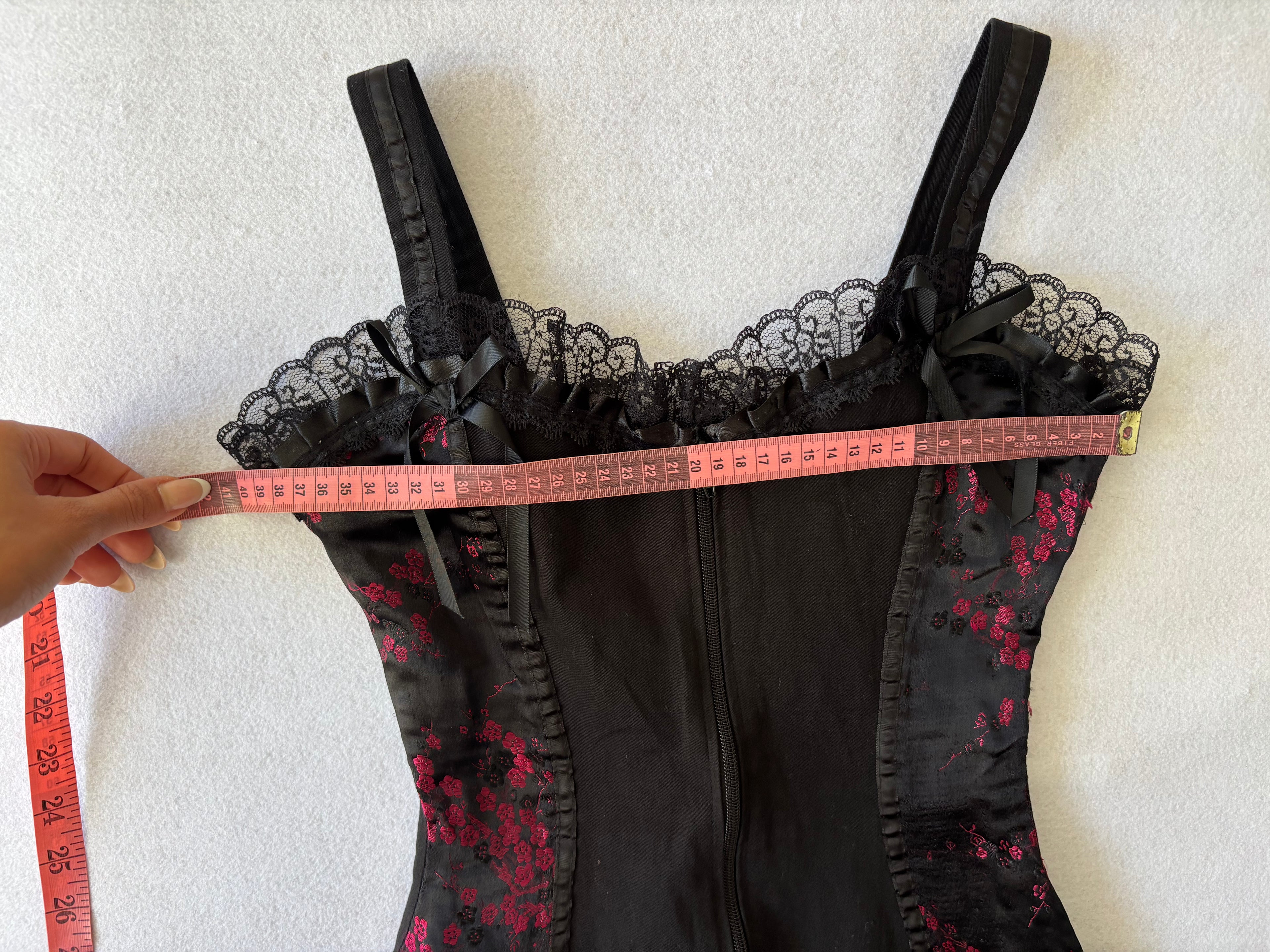Y2K Coquette Black & Pink Floral Mini Slip Dress with Lace & Bows Corset Vibe (XS)