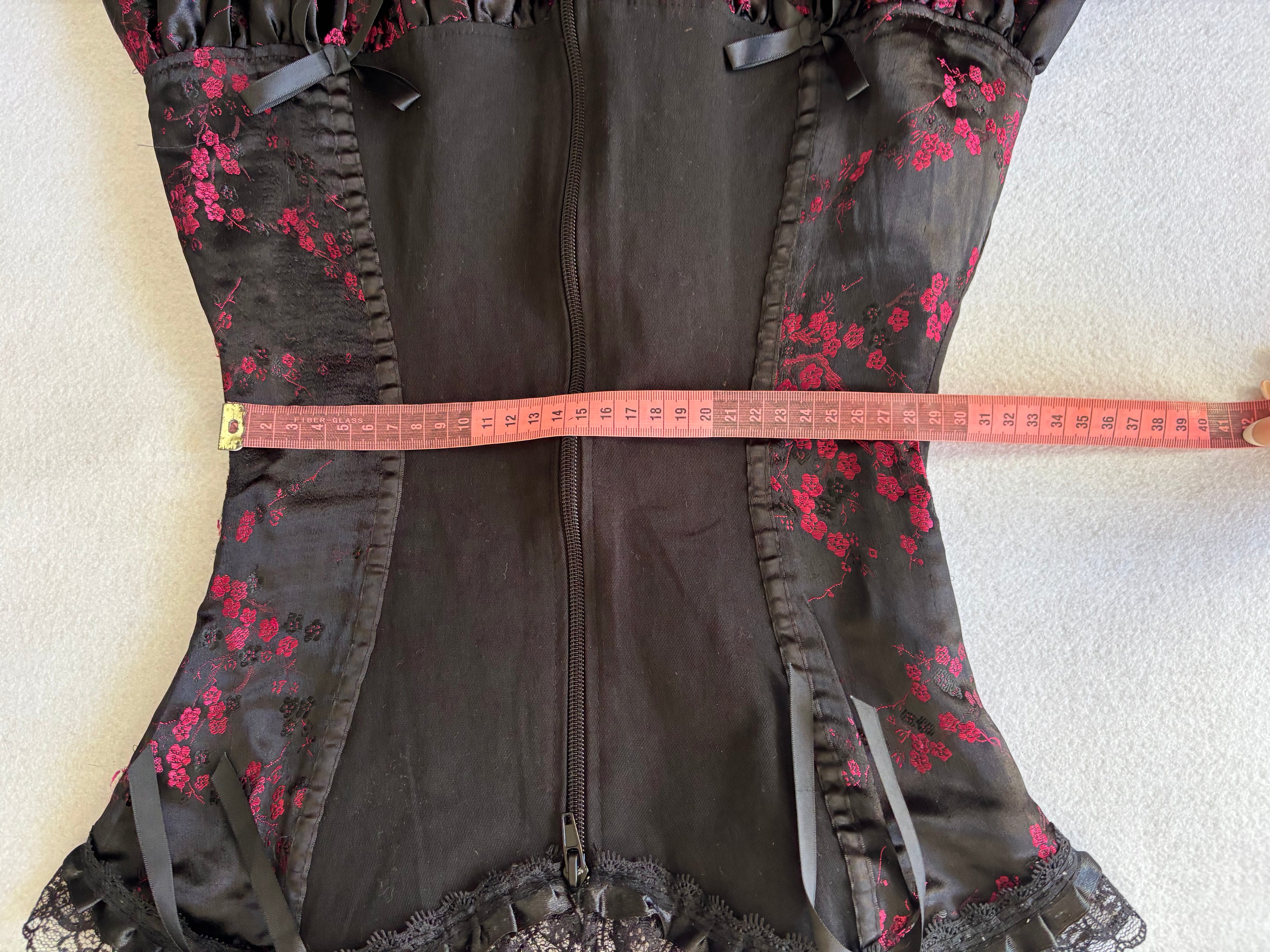 Y2K Coquette Black & Pink Floral Mini Slip Dress with Lace & Bows Corset Vibe (XS)