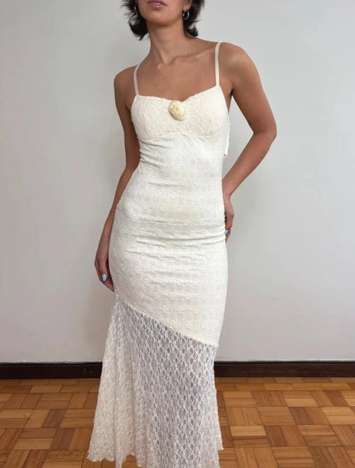 Ivory White Lace Midi Dress Y2K (S)