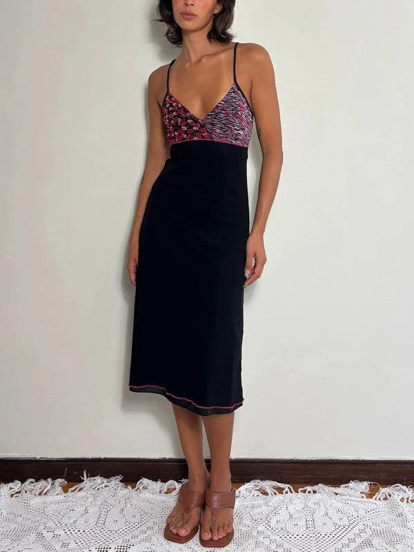 Vintage Y2K Black Lace Cami Midi Dress (M)