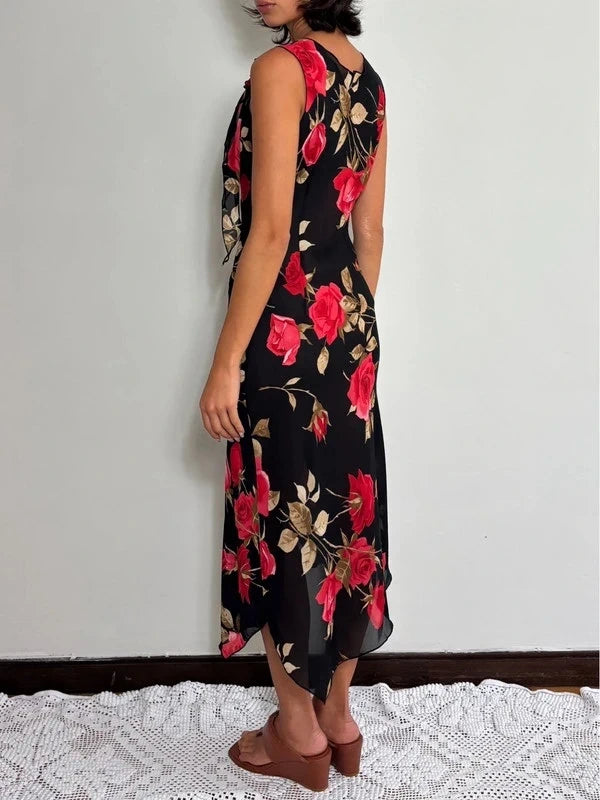 90s Black Rose Floral Slip Midi Dress (S)