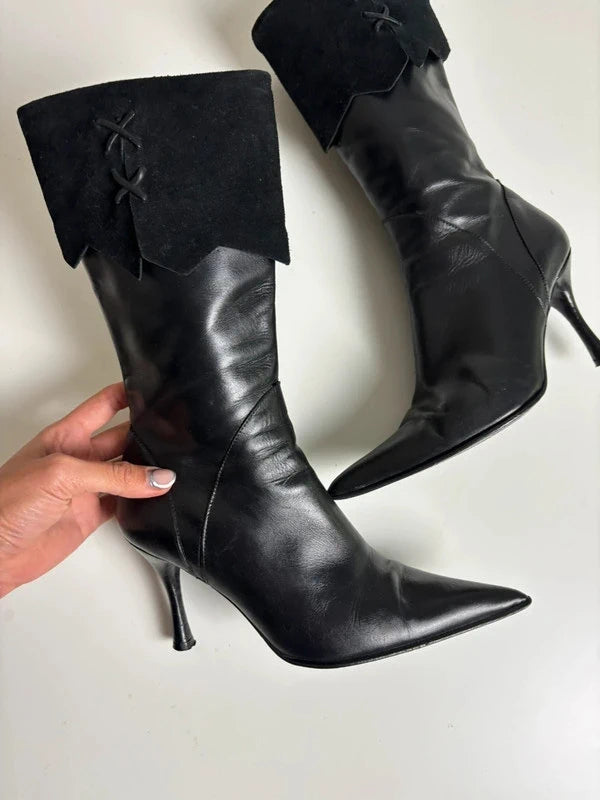 Y2K Black Leather Heels Pointed Toe Boots (35 EUR)