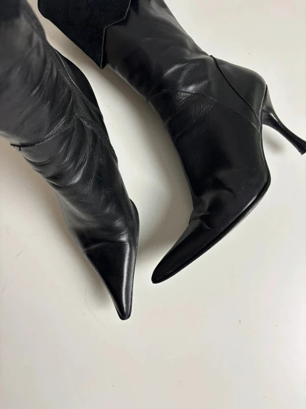 Y2K Black Leather Heels Pointed Toe Boots (35 EUR)
