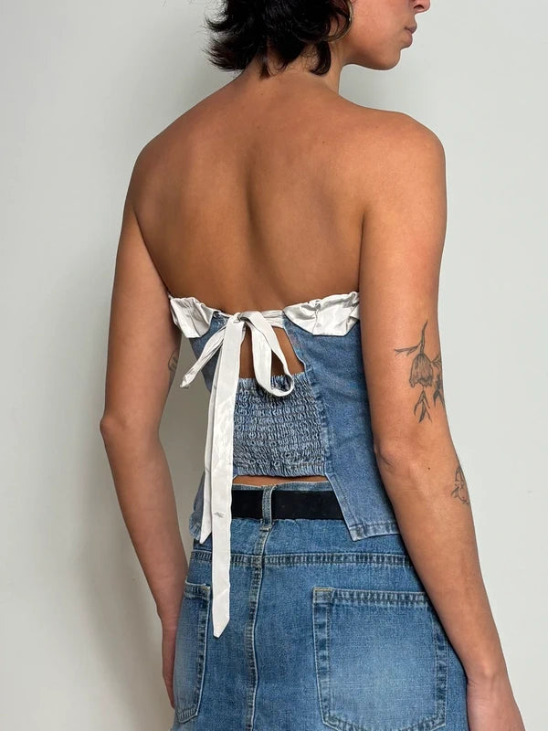 Y2K Blue Denim Corset Strapless Top (S)