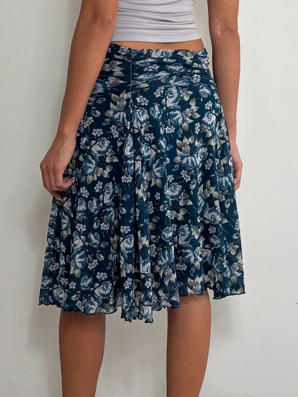 Vintage Navy Blue Floral Mesh Midi Skirt (S)
