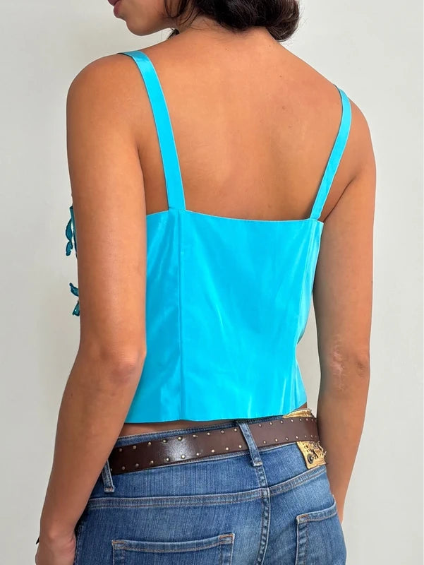 Turquoise Corset Cropped Top Floral Detail (L)
