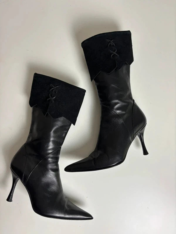 Y2K Black Leather Heels Pointed Toe Boots (35 EUR)