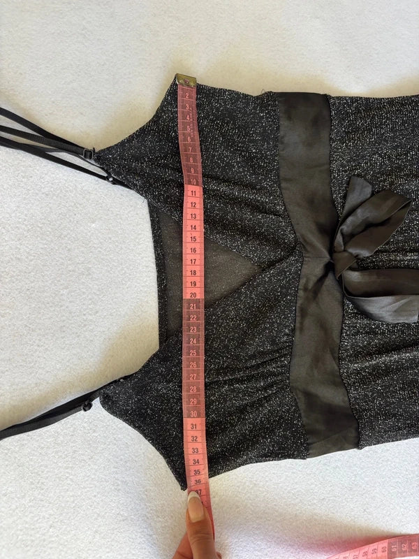 Y2K Black Sparkly Glitter Cami Top with Satin Waist Bow (S)
