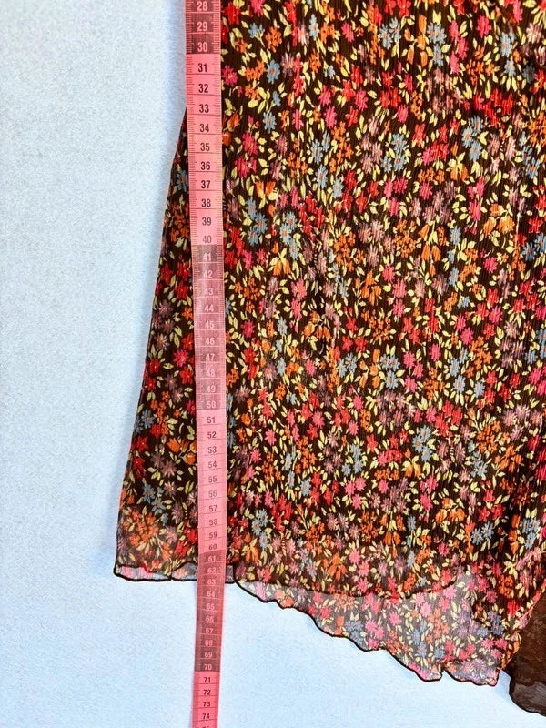 Y2K Silk Brown Floral Asymmetric Midi Skirt (M)