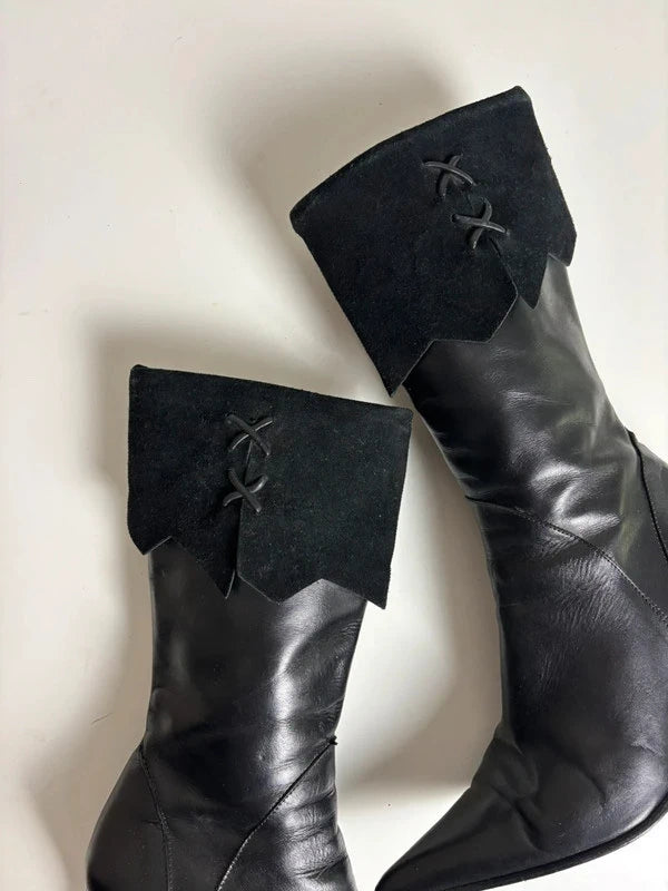 Y2K Black Leather Heels Pointed Toe Boots (35 EUR)