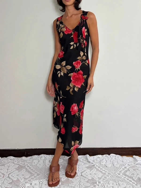 90s Black Rose Floral Slip Midi Dress (S)