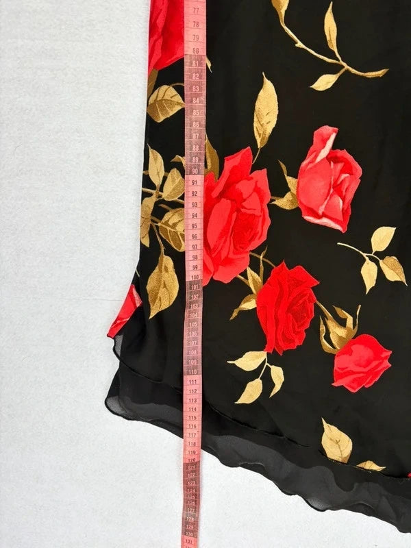 90s Black Rose Floral Slip Midi Dress (S)