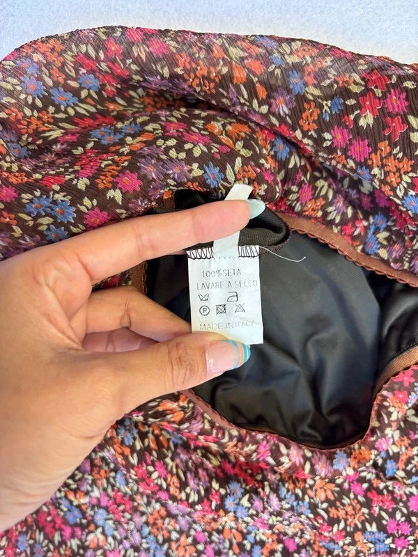 Y2K Silk Brown Floral Asymmetric Midi Skirt (M)