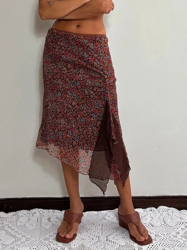 Y2K Silk Brown Floral Asymmetric Midi Skirt (M)