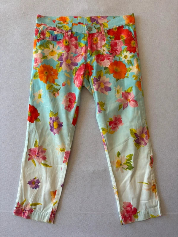 Y2K Pastel Blue Floral Print Trousers (S)