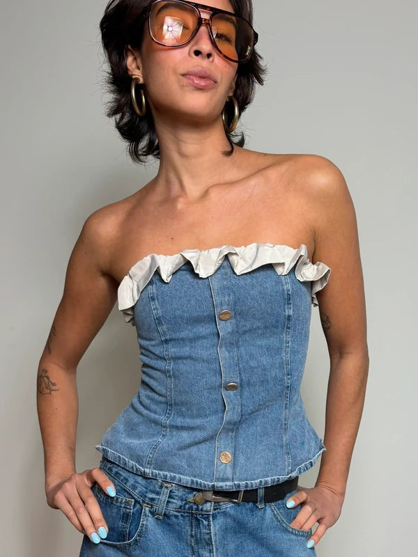 Y2K Blue Denim Corset Strapless Top (S)