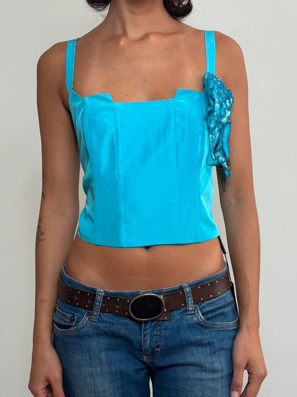 Turquoise Corset Cropped Top Floral Detail (L)