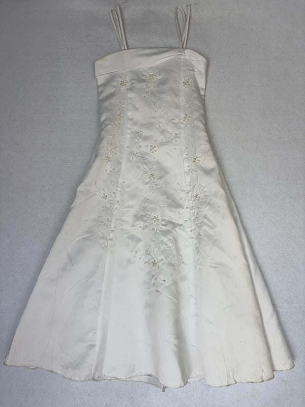 Vintage White Satin Floral Embroidered Midi Dress (XXS)