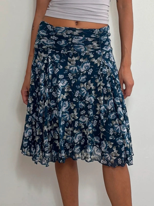 Vintage Navy Blue Floral Mesh Midi Skirt (S)